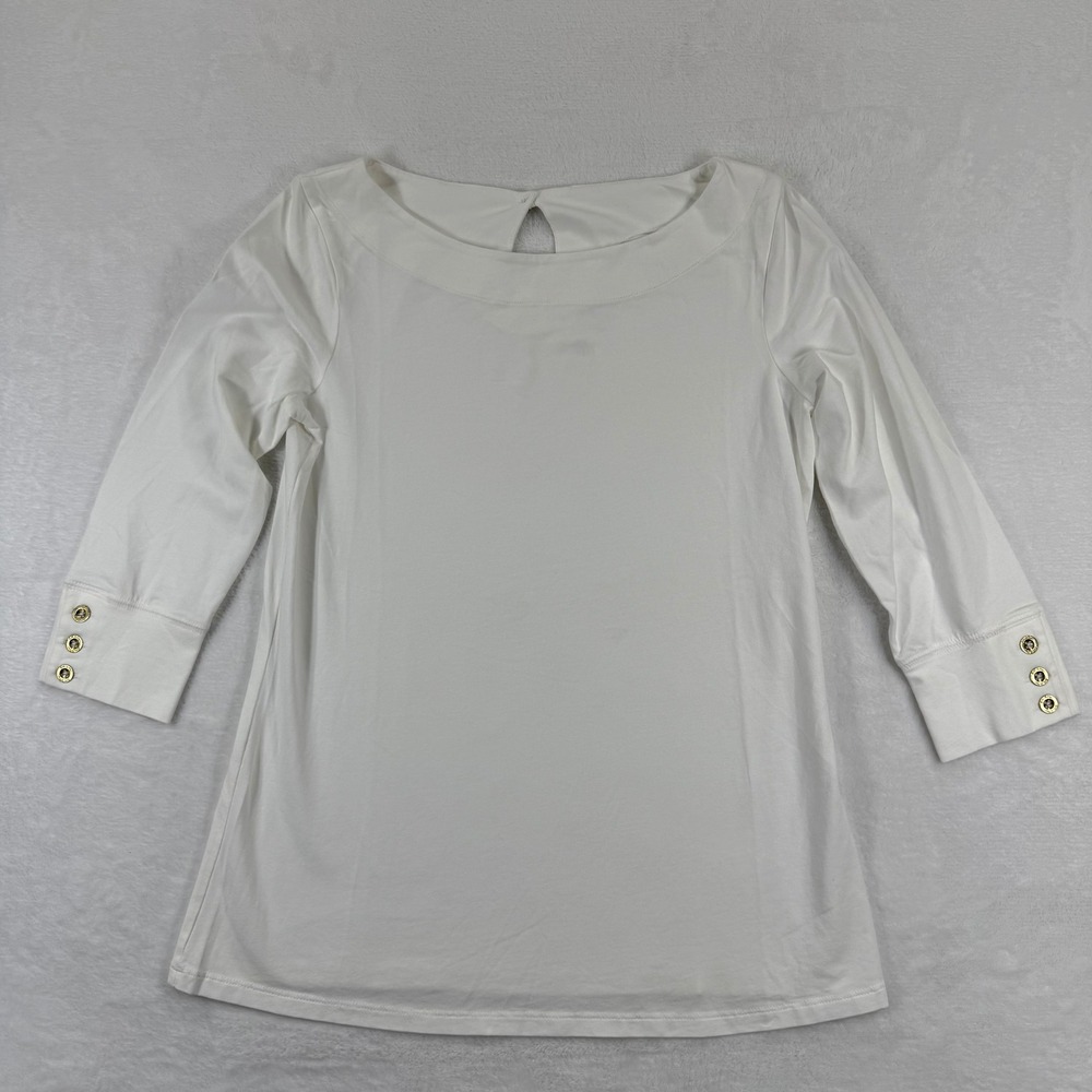 Lilly Pulitzer White Boatneck 3/4‎ Sleeve Top Gold Button Cuffs Small READ